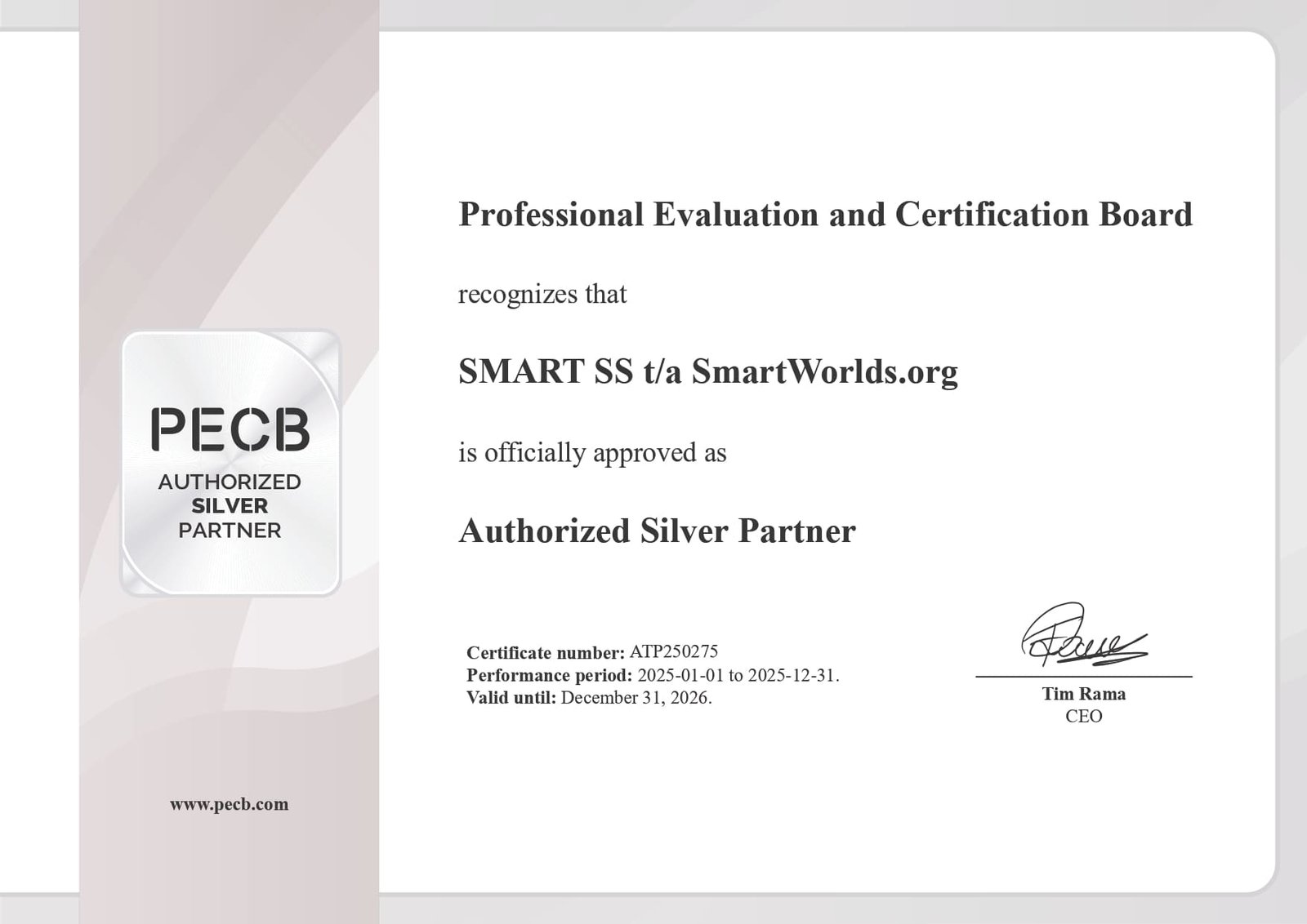 SmartWorlds.org has officially been approved as a PECB Authorized Silver Partner.
