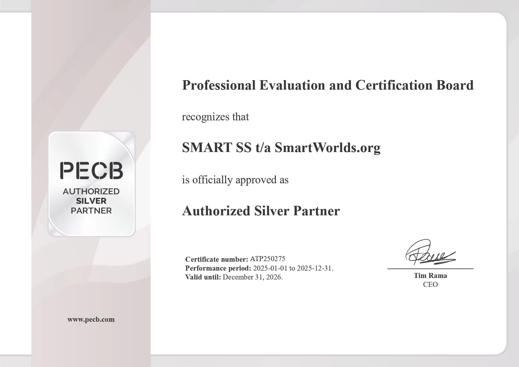 SmartWorlds.org has officially been approved as a PECB Authorized Silver Partner.